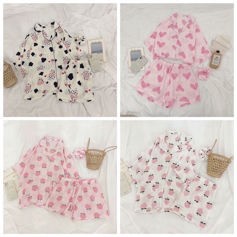 PIJAMA Nữ Bò Sữa Cute 🦋 Đồ Ngủ Set Mặc Nhà Bò Sữa Mũi Hồng 🦋