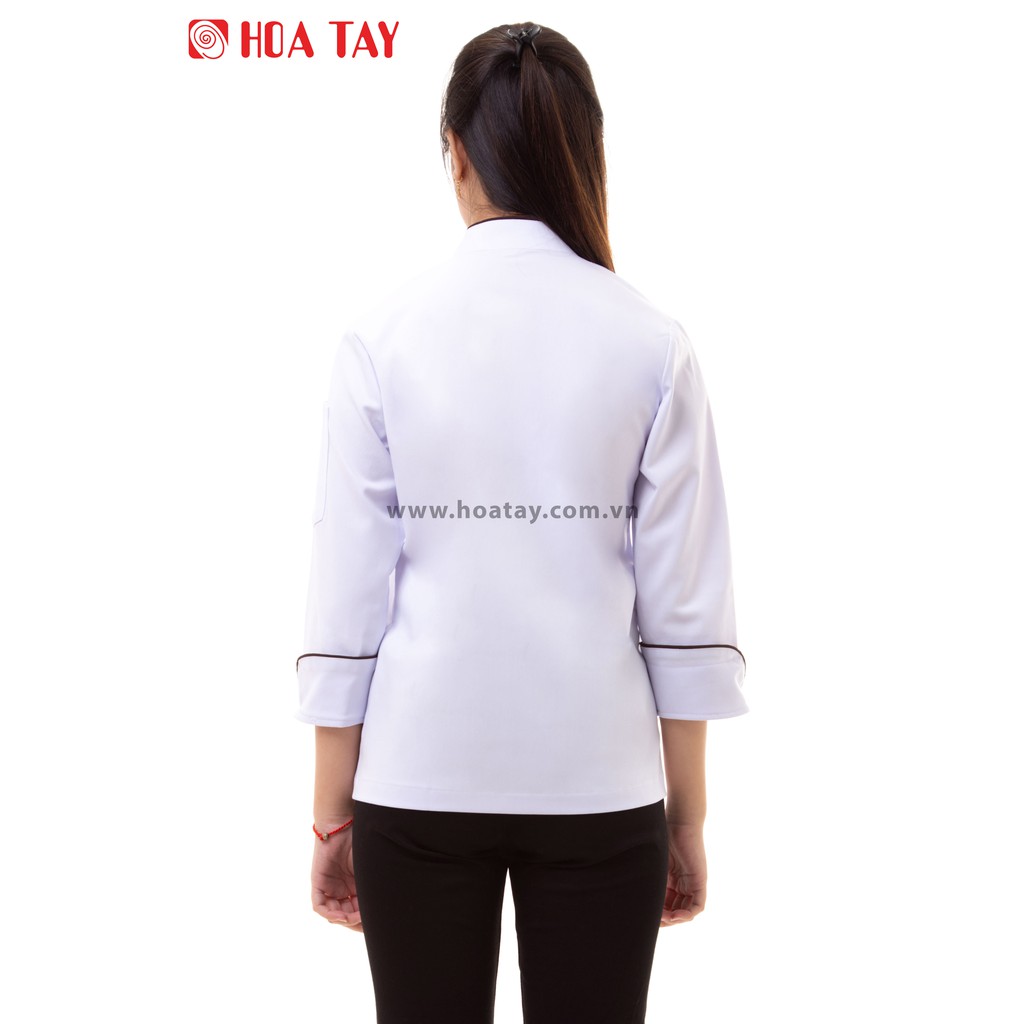 HOA TAY _ Áo Đầu Bếp Nữ Màu Trắng Viền Nâu Tay Dài Kaki Thun.