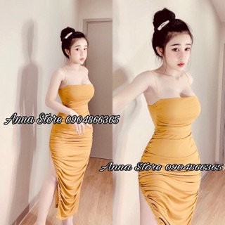 Váy nữ 2 dây chun mảnh rúm xẻ đùi dáng ôm 320k sang chảnh Annastore có ẢNH THẬT khách chụp feedback