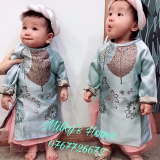 Áo dài gấm Nhật màu xanh dệt hoa bé gái