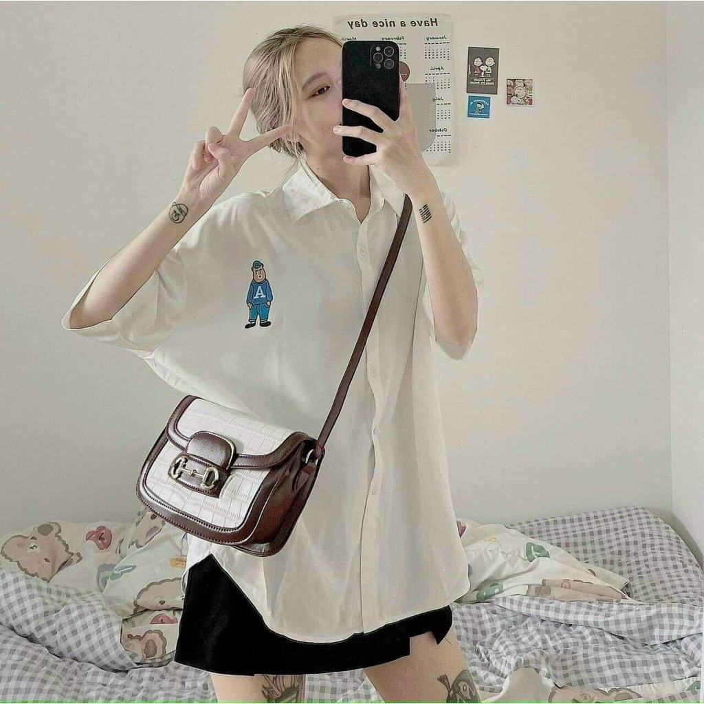 Áo Sơ Mi Tay Lỡ Thêu Gấu Ngực Form Rộng Chuẩn Hình Nhiều Màu - CARINA.STORE