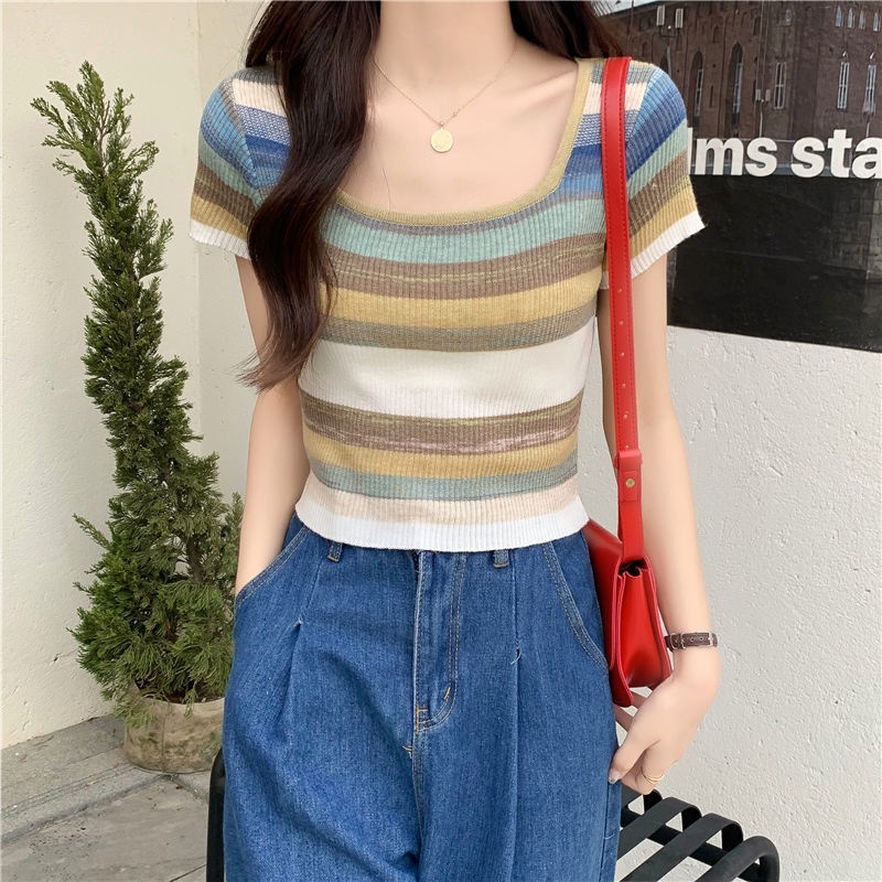 Áo Len Ngắn Tay Cổ Vuông Họa Tiết Kẻ Sọc Màu Sắc Tương Phản Phong Cách Retro Thời Trang Mùa Hè Cho Nữ