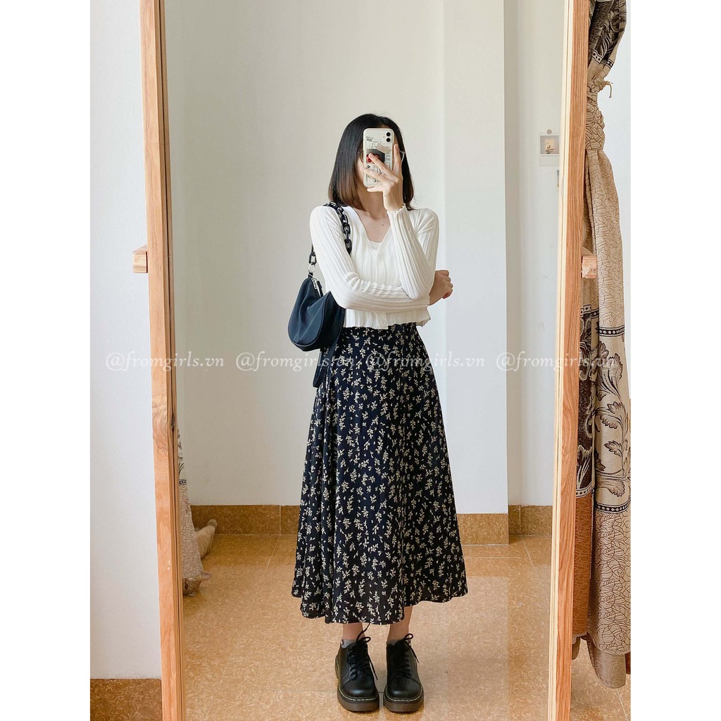 Chân váy hoa nhí, chân váy midi hoa cỏ cạp chun sau vintage - CV07FG BROWN