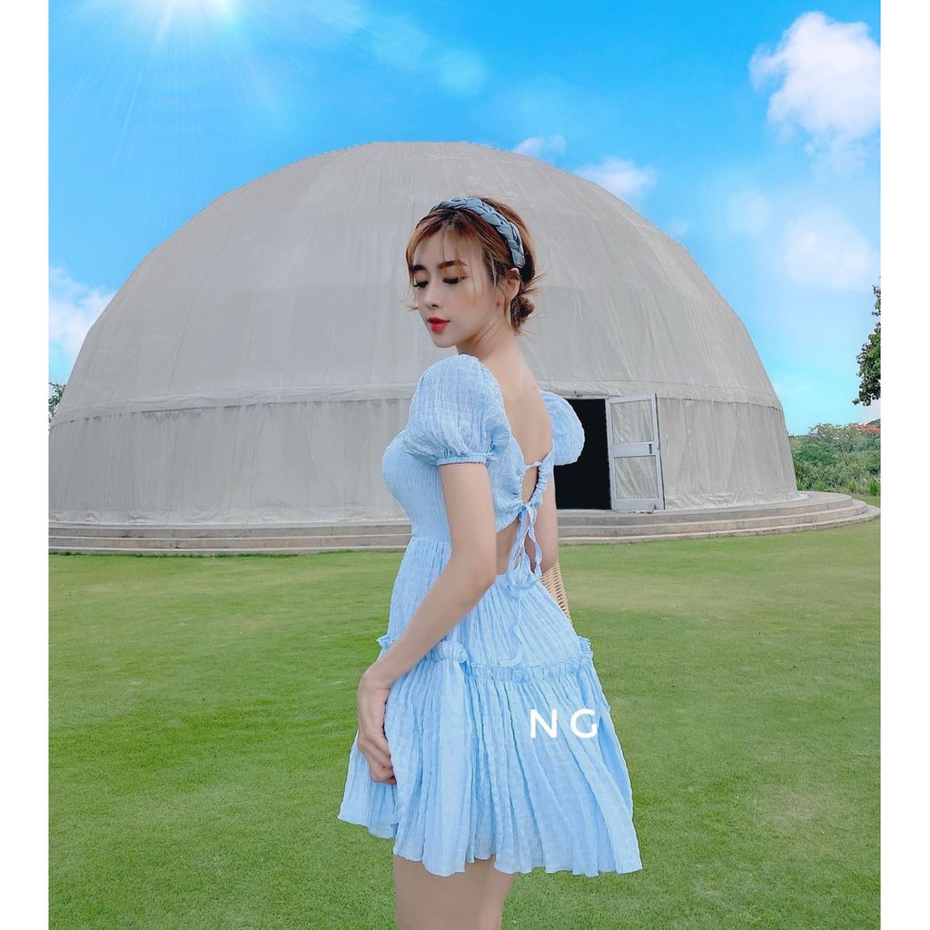 [Đầm Mới] Đầm Xòe Tay Phồng Tùng Nhún Tầng Cột Dây Sau Lưng