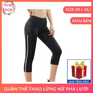 quần tập yoga pha lưới viền sọc trắng hàng nhập cao cấp màu đen dễ phối với quần áo khác-CR017
