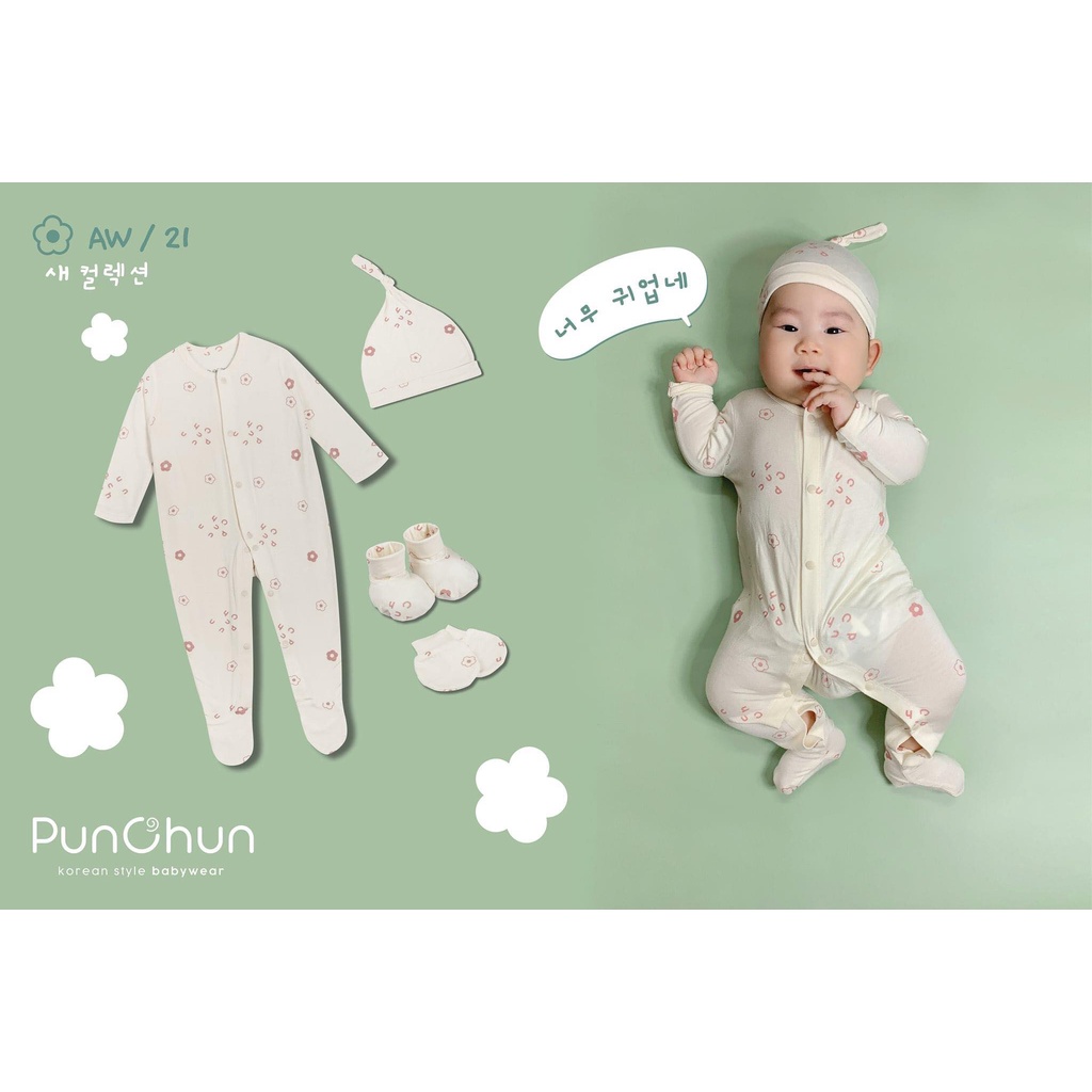 Punchun body liền tất cotton dài tay cho bé trai bé gái sơ sinh