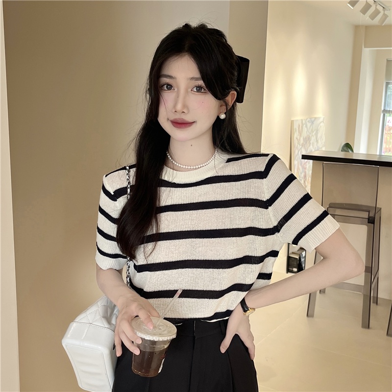 Áo kiểu ZHELIHANGFEI dệt kim tay ngắn cổ tròn dáng rộng kẻ sọc ngang trẻ trung hợp thời trang