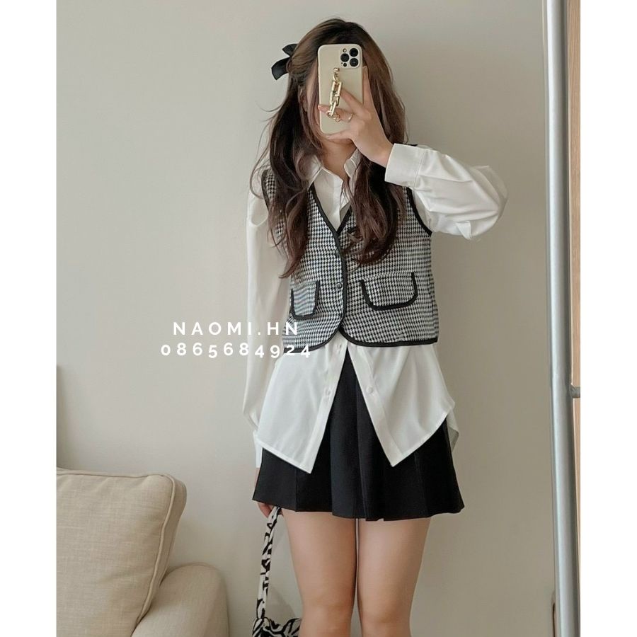 Set áo sơ mi dài tay kèm áo gile kẻ dày dặn không nhăn. Sơ mi nữ form rộng dài tay kèm gile kẻ sang chảnh nhiều màu HOT