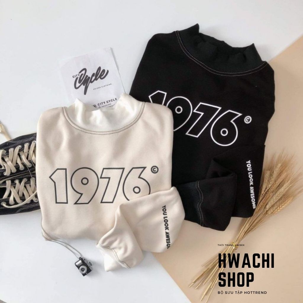 Áo sweater nỉ nam nữ, áo nỉ Unisex basic sweater dáng rộng in chữ 1976 2 màu so Hot G045 | BigBuy360 - bigbuy360.vn
