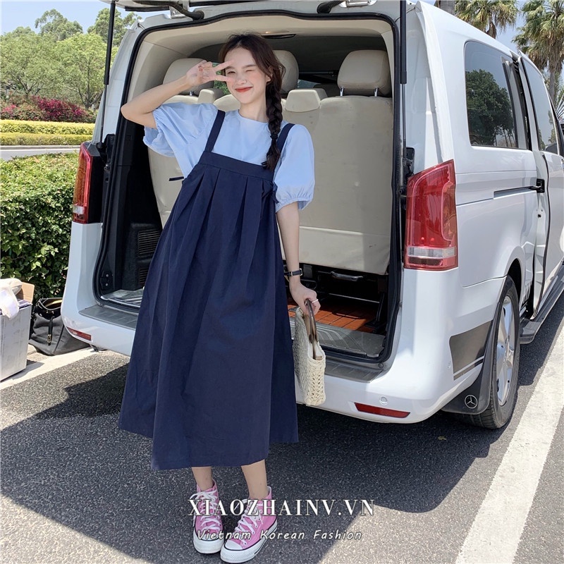 Xiaozhainv Bộ Áo Sơ Mi Ngắn Tay Dáng Rộng Phối Đầm Yếm Kiểu Hàn Quốc Dễ Thương Cho Nữ