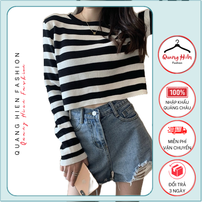 Áo len tăm nữ Quảng Châu kẻ ngang cổ tròn năng động fresize MS270