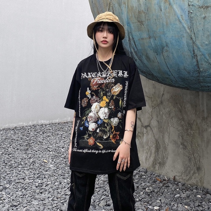 Áo phông nữ thời trang những bông hoa đen ngắn tay cổ tròn oversize thun form rộng unisex 100% cotton