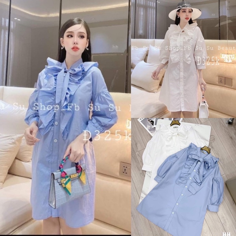 Váy sơmi cổ bè hai màu xanh/trắng (hàng sẵn)