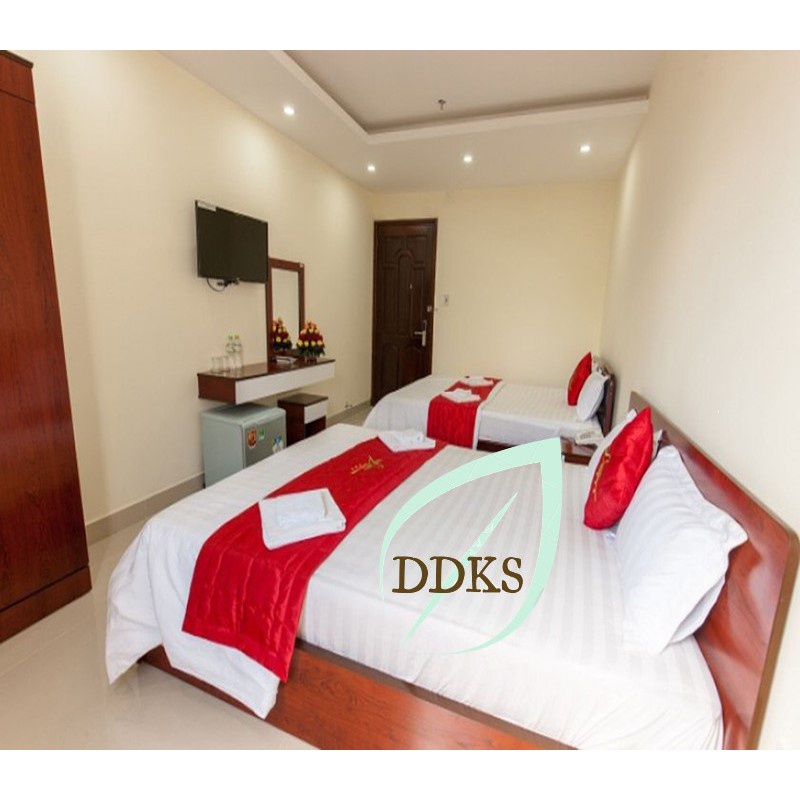 Bộ dra giường cotton màu trắng sọc 3F riotex dra giường khách sạn đủ size