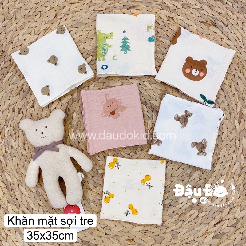 Khăn Mặt Sợi Tre cho bé ss 35x35cm. Hai mặt. Bốn Lớp