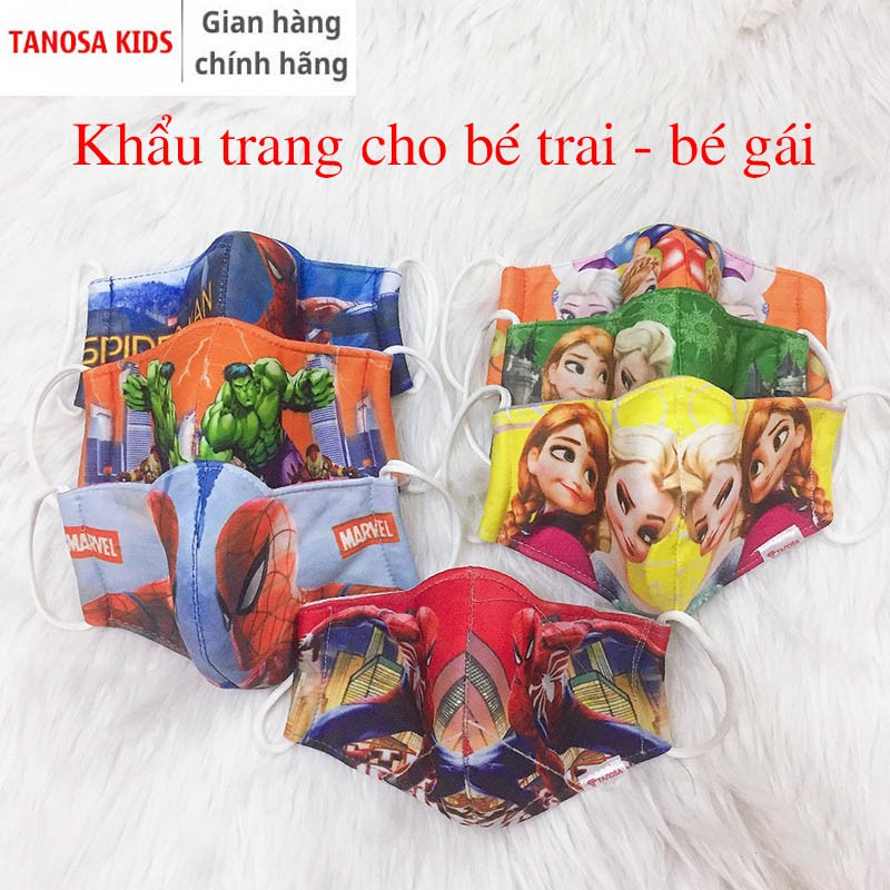 Combo 2 Khẩu trang vải hoạt hình cho bé 3 lớp loại đẹp dày dặn nhiều mẫu siêu nhân, nhện, công chúa Tanosa Kids