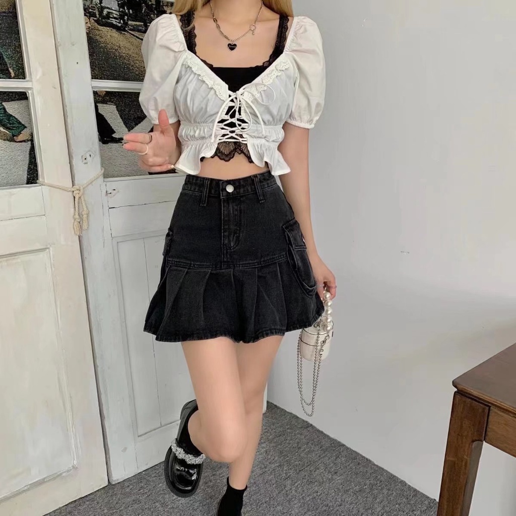 Chân váy jean SUXI dáng chữ A lưng cao xếp ly màu xám đen thời trang quyến rũ cho nữ