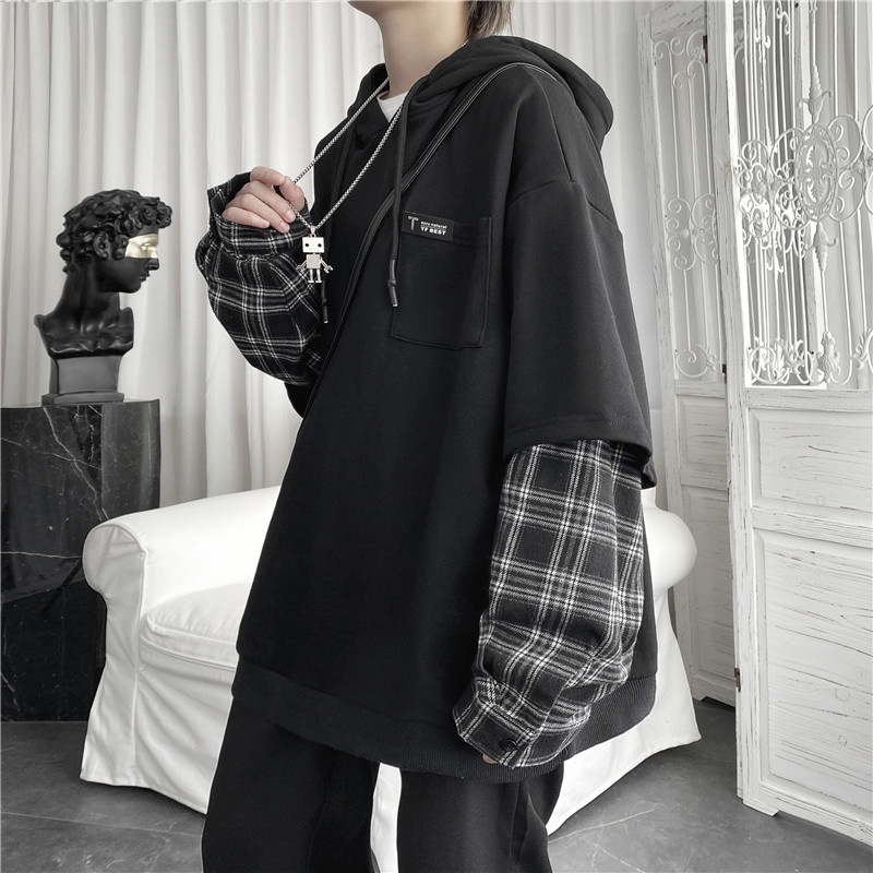 ZHELIHANGFEI Áo Hoodie Giả Hai Lớp Tay Dài Dáng Rộng Họa Tiết Kẻ Sọc Phong Cách Retro Đường Phố