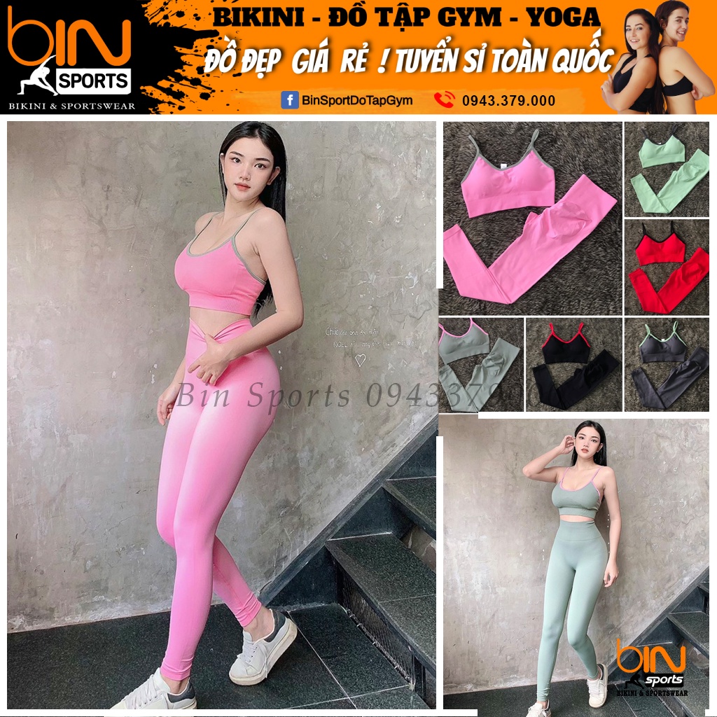 Đồ tập gym yoga thể thao nữ, set bộ dệt kim áo bra kèm mút quần dài chun mông tôn dáng cao cấp Bin Sports BD164
