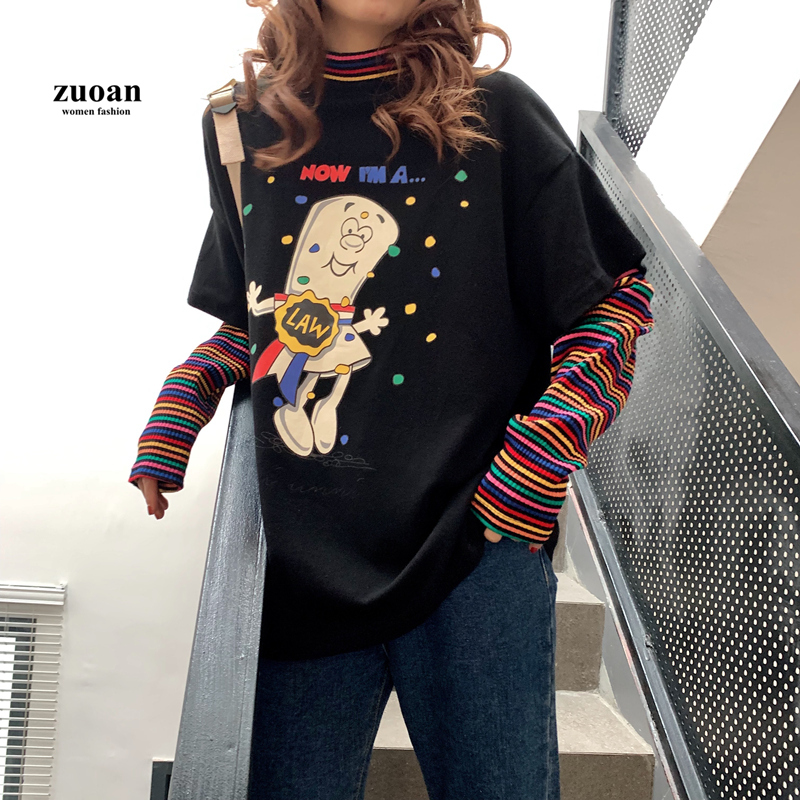 SUXI Áo Thun Hàn Quốc Tay Dài Phối Hoạ Tiết Hoạt Hình