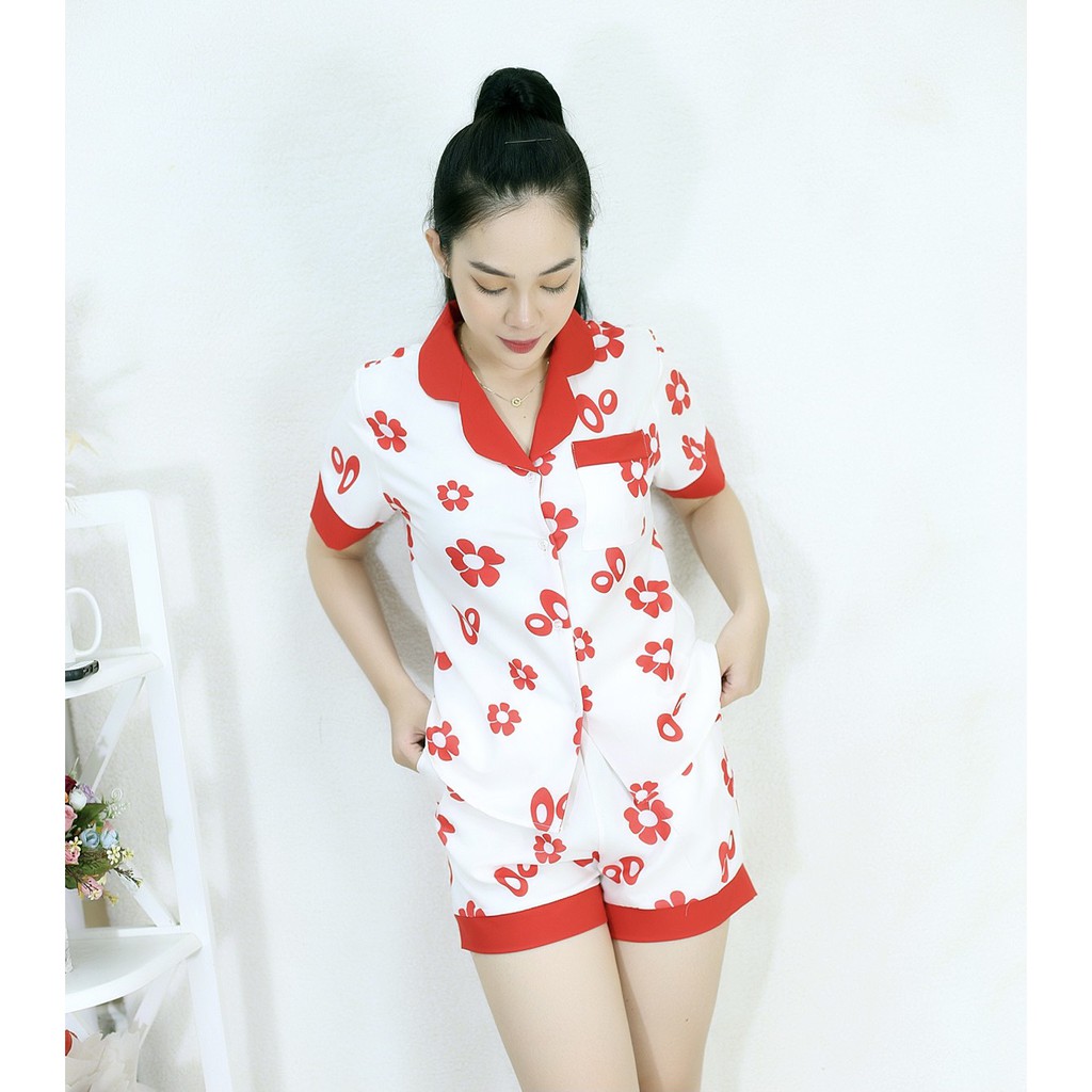 [HÌNH THẬT] Bộ đồ Pijama ngắn mặc nhà MÀU TRẮNG HOA ĐỎ PHA CỔ ĐỎ - Vải Siêu Lụa Cao Cấp - Mềm Mại Êm Ái