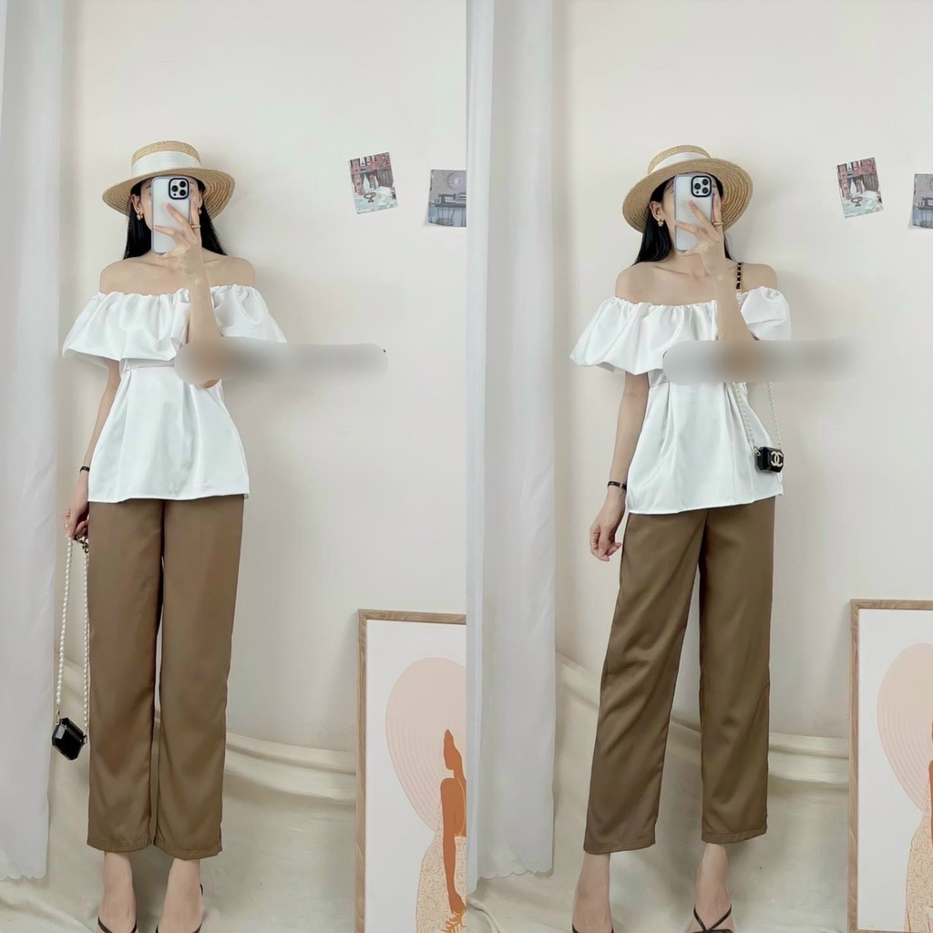 Set áo trễ vai trắng quần baggy nâu tây đồ bộ nữ công sở NN510
