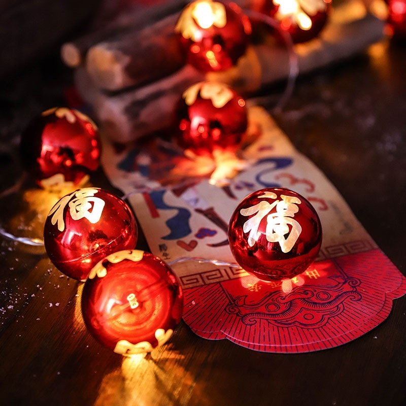 Dây đèn led 10 bóng hình đèn lồng cấp nguồn bằng pin treo trang trí trong nhà/ngày lễ mùa xuân màu đỏ 1.5m