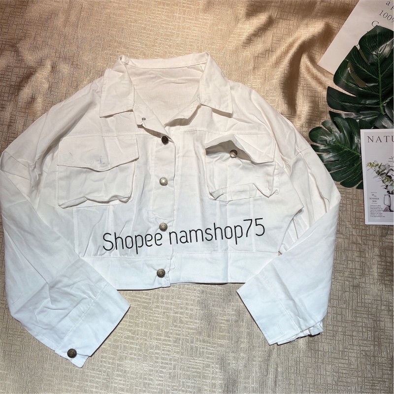 Áo Khoác Kaki Croptop [Freeship] Áo Kaki 2 Màu Nâu Trắng Túi Hộp Mềm Đẹp Dày Dặn