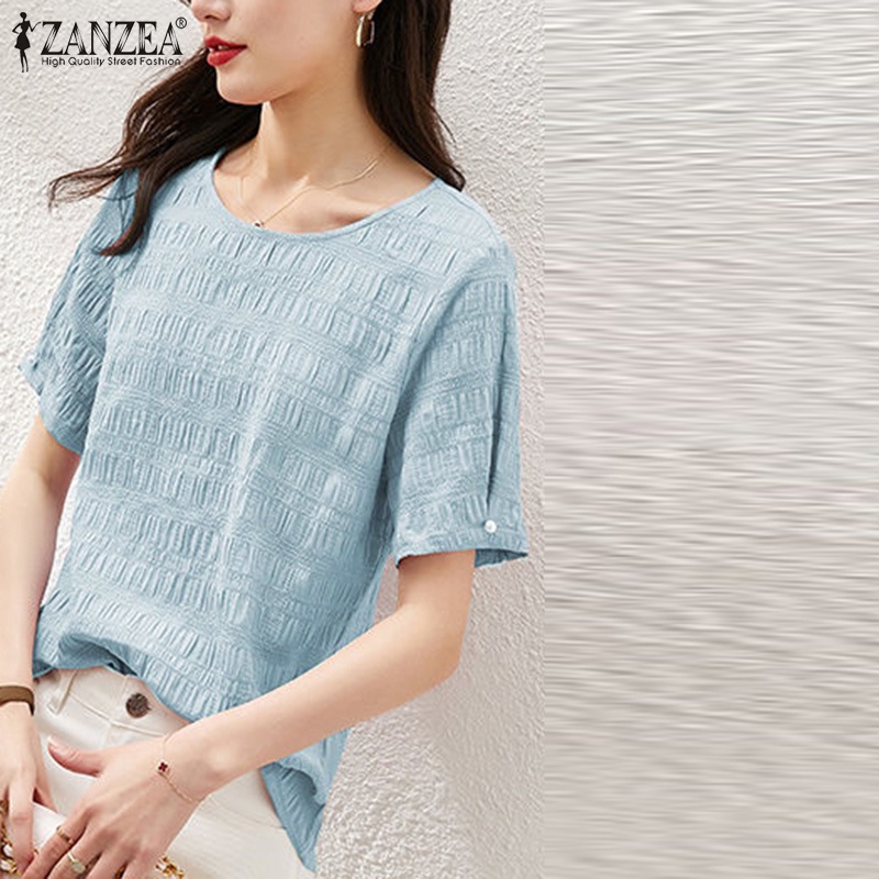 Áo kiểu ZANZEA tay ngắn cổ tròn xếp ly thời trang dành cho nữ