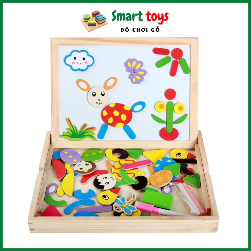 Bộ ghép hình nam châm 2 mặt Đồ chơi xếp hình nam châm băng gỗ thông minh cho bé trai bé gái Smarttoys