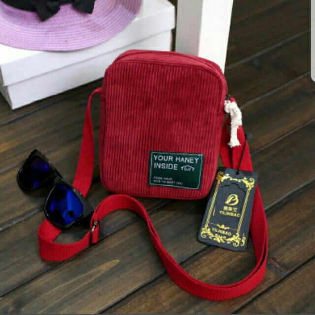 Túi đeo chéo nữ mini vải nhung sọc kẻ tăm Living - tuicheo054