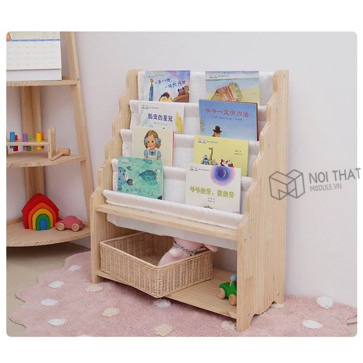 Kệ sách 4 tầng montessori, giá sách kèm hộc đổ đồ tiện lợi - chất liệu gỗ thông nhập khẩu hàng loại 1