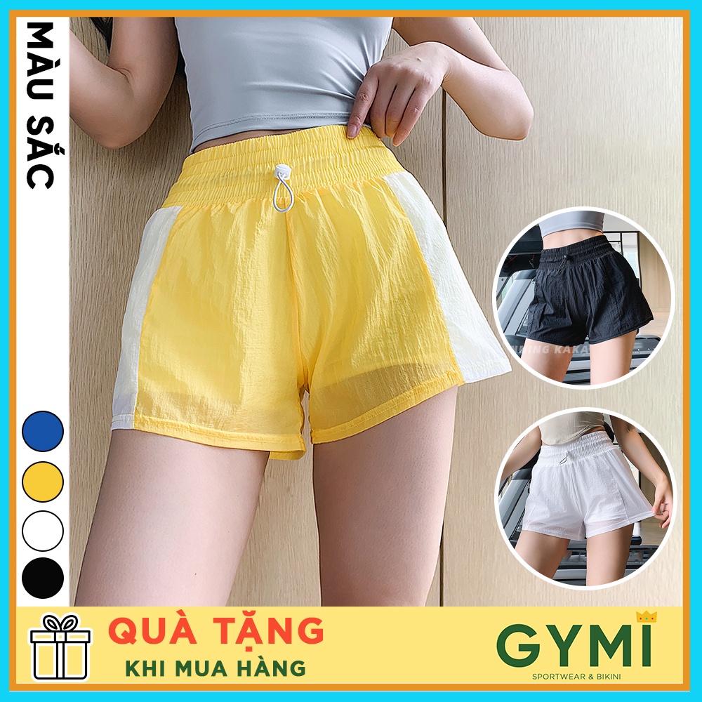 Quần tập gym yoga nữ GYMI QS22 dáng đùi short thể thao 2 lớp chất đùi mịn mát có dây rút chạy bộ