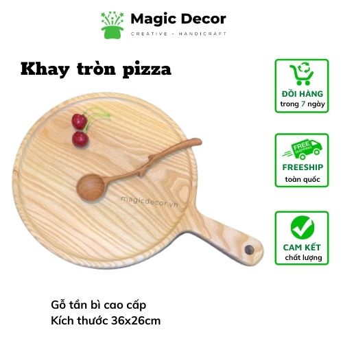 Khay gỗ đựng đồ ăn, bày pizza hình tròn tay cầm nhiều kích thước gỗ tần bì bày đồ ăn trang trí cực đẹp