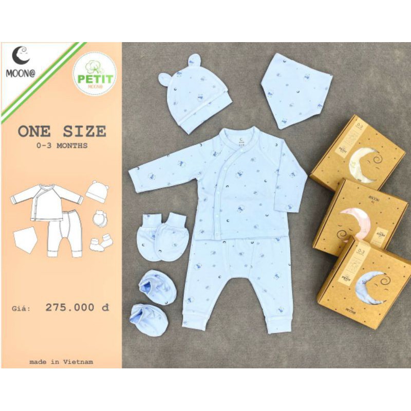 XẢ HÀNG SET SƠ SINH 5 CHI TIẾT CAO CẤP MOON (MŨ, ÁO, YẾM, QUẦN, BAO TAY/CHÂN) - VẢI SỢI TRE CỰC MỀM MỊN