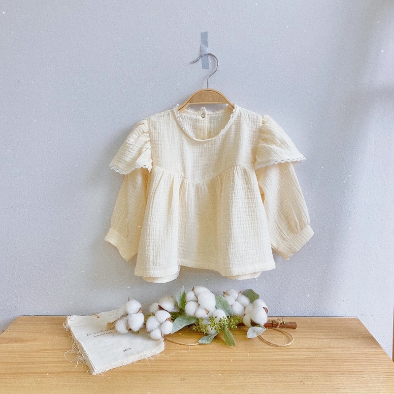 [Hàng Thiết Kế] Áo Muslin Dài Tay Viền Ren Vintage - Áo Dài Tay Chất Xô Mềm Mại Style Hàn Quốc Cho Bé Gái