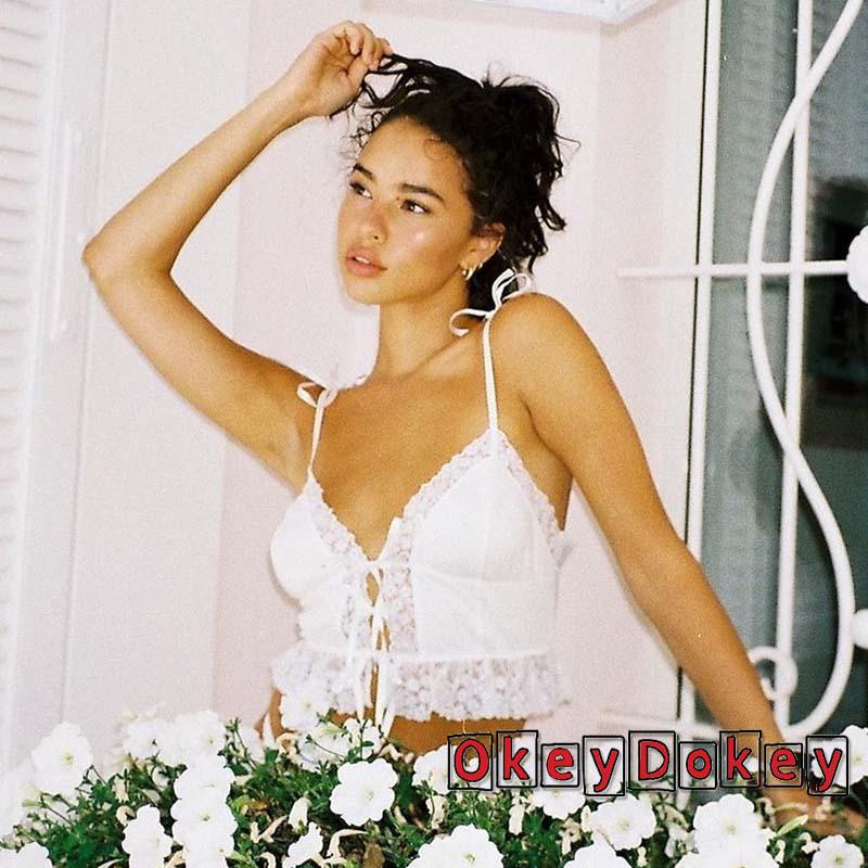 OKDK-Women’s Fashion Camisole Sexy Lace Stitching V-neck Bandage Exposed Navel Top