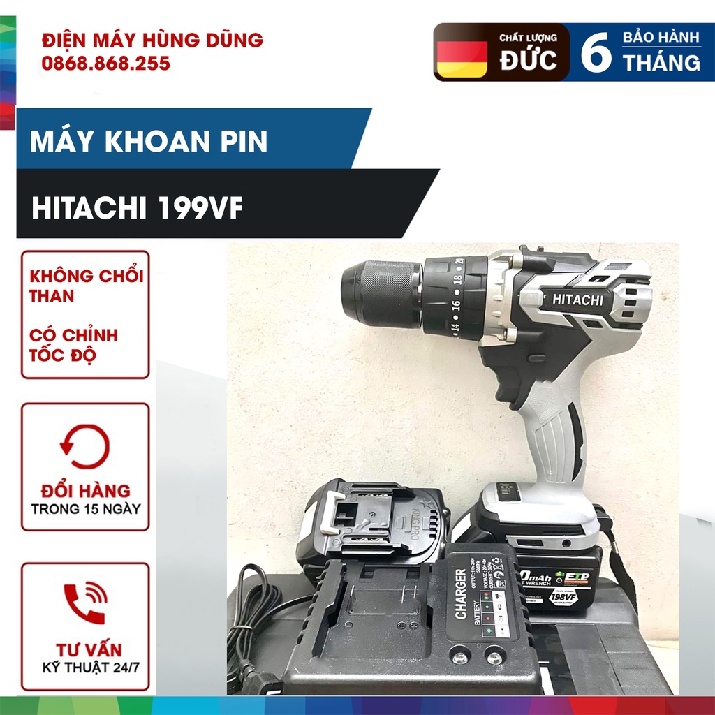 Máy Khoan Pin Hitachi 199V Động Cơ Không Chổi Than 3 Chức Năng, Có Búa, Lõi Đồng, Pin Khủng 10 Cell