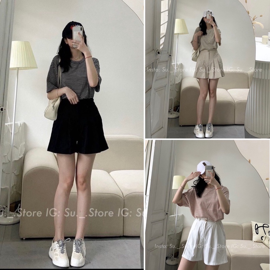 Bộ quần áo nữ 🌸 Set áo thun mix quần short kaki giả váy kẻ ngang bánh bèo Ulzzang dành cho nữ MYLADY