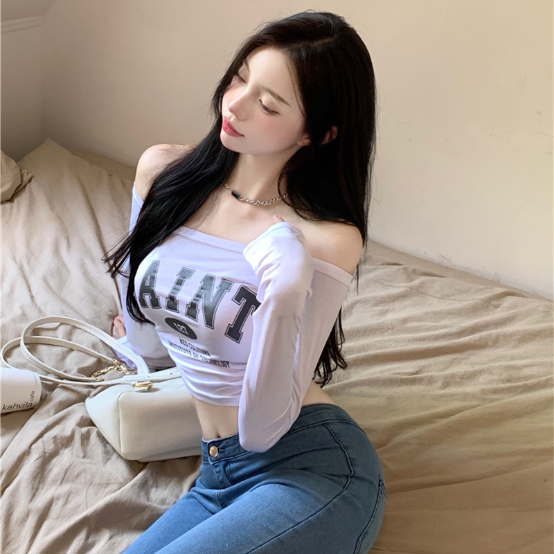 Áo Thun Tay Dài Trễ Vai In Chữ Thời Trang Dành Cho Nữ