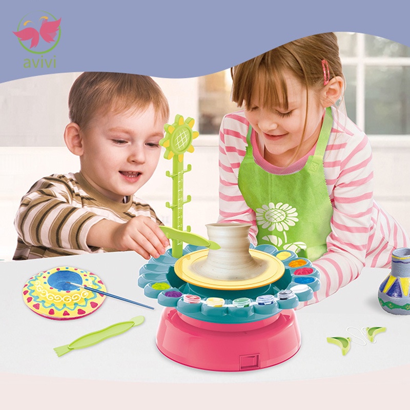 Clay Pottery Wheel Craft Kit Kids Beginners USB DIY Pottery Machine with Air Dry Clay & Paint Palette Educational Toy