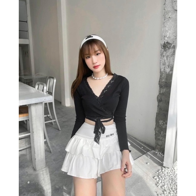 Áo Croptop Tay Dài Đắp Chéo Ren Cột Nơ DOLA CLOTHES Áo Tay Dài Phối Ren