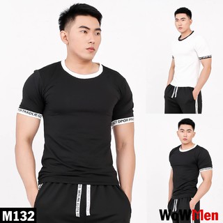 Áo Thun Nam Ngắn Tay Trơn Viền Chữ Trắng Đen Cổ Tròn 100% cotton Đẹp Chất Lượng - M132