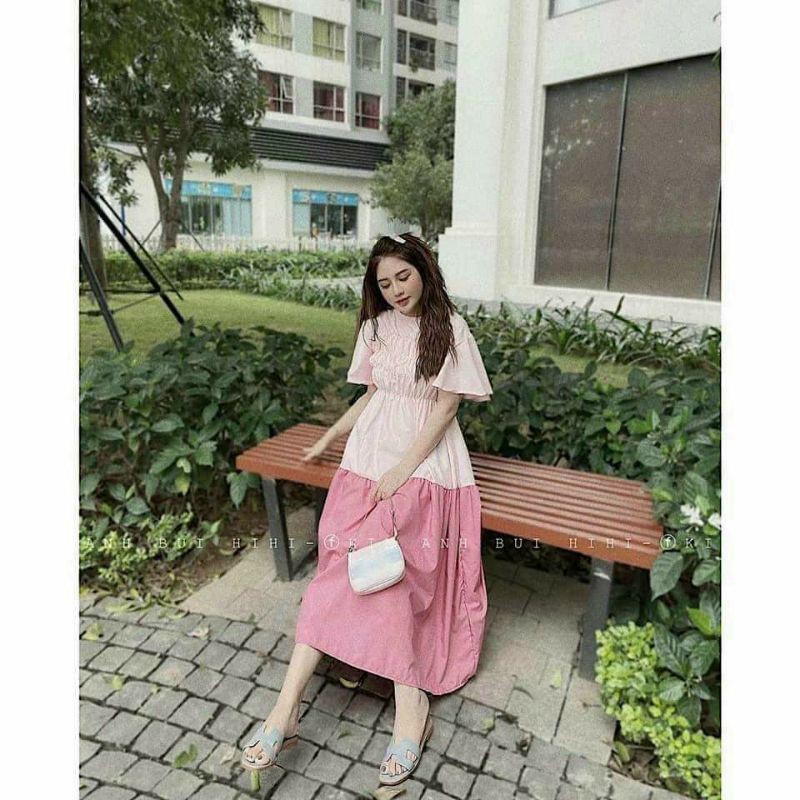 Đầm midi hồng phối nhún | BigBuy360 - bigbuy360.vn