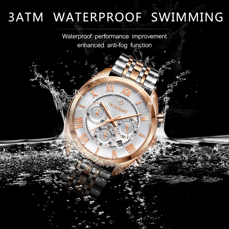 【Official product】WISHDOIT Multifunction Three-eye chronograph Sports waterproof swim watches stainless steel business casual watch Popular watches Calendar function Quartz watch Student watch.