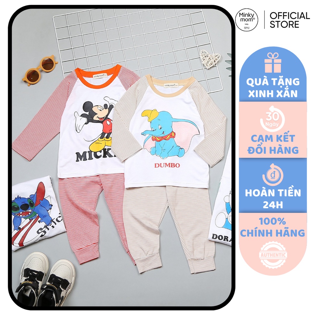 [SALE] Bộ Quần Áo Bé Gái, Bé Trai Minky Mom Vải Thun Lạnh Mickey Tay Kẻ, Bộ Dài Tay Cho Bé Mặc Nhà Thu Đông MKMTD2209
