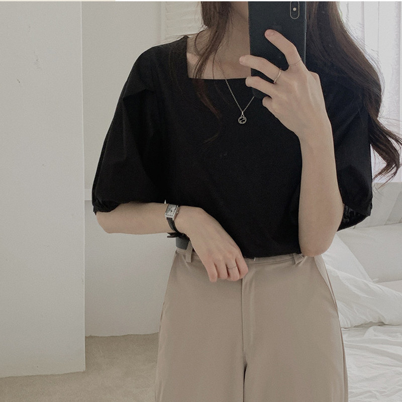 SUXI Áo kiểu cổ vuông tay ngắn phong cách Hàn Quốc thời trang xinh xắn dành cho nữ