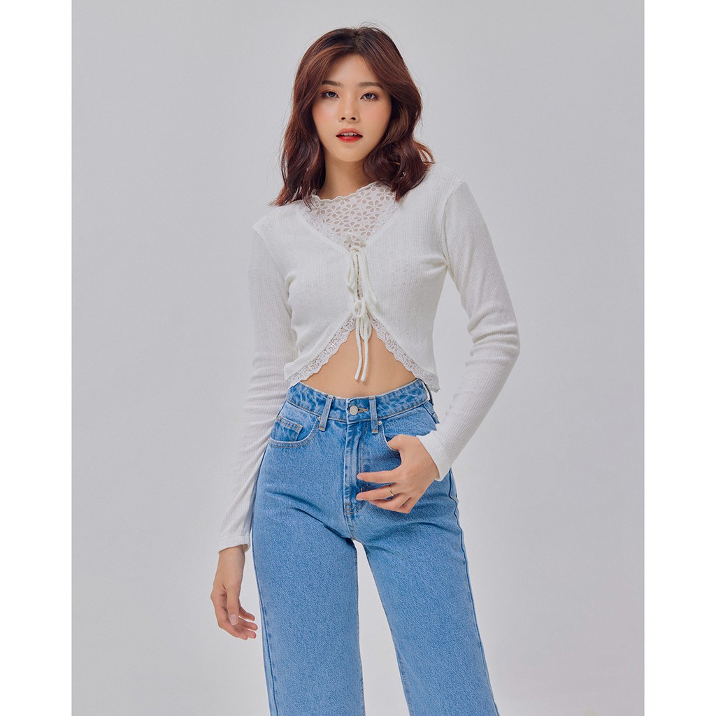 Áo Shebyshj cột dây phối ren tay dài màu trắng - White Mora Top