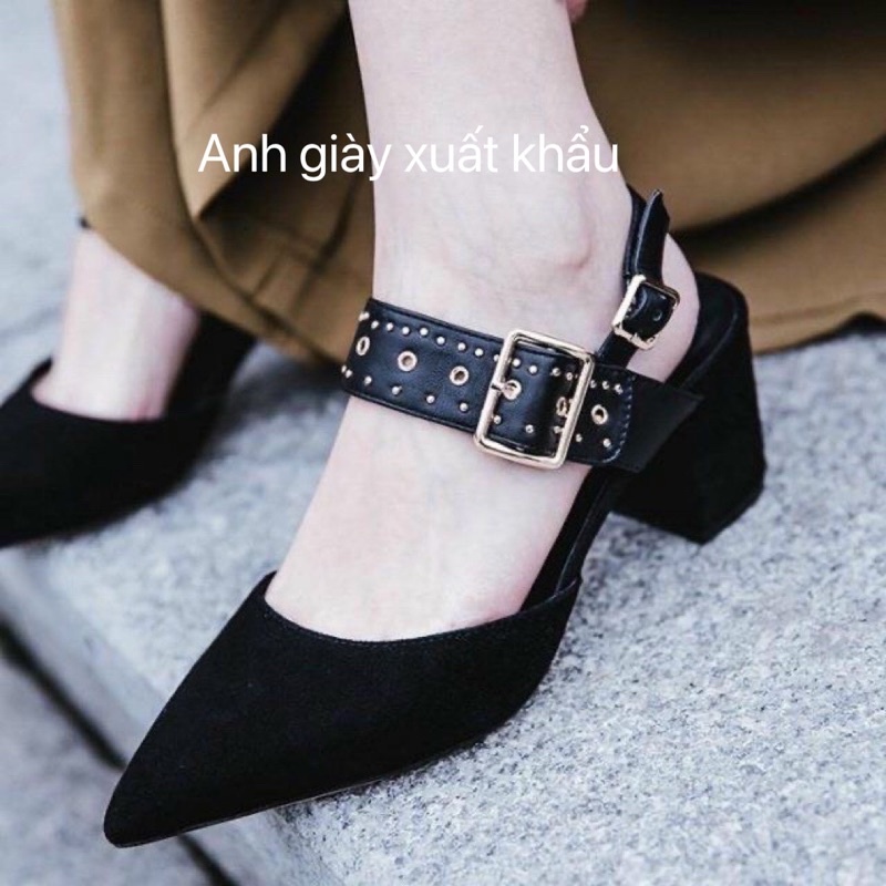 CG31 - Giày da lộn kín mũi hở gót khuy ngang gót vuông 6p ( ảnh thật, kèm video)