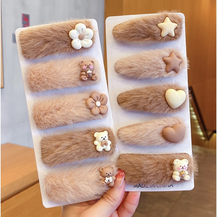 bộ combo set 2 chiếc cặp tóc lôngmàu vintage họa tiết xinh xắn dễ thương phong cách Hàn Quốc